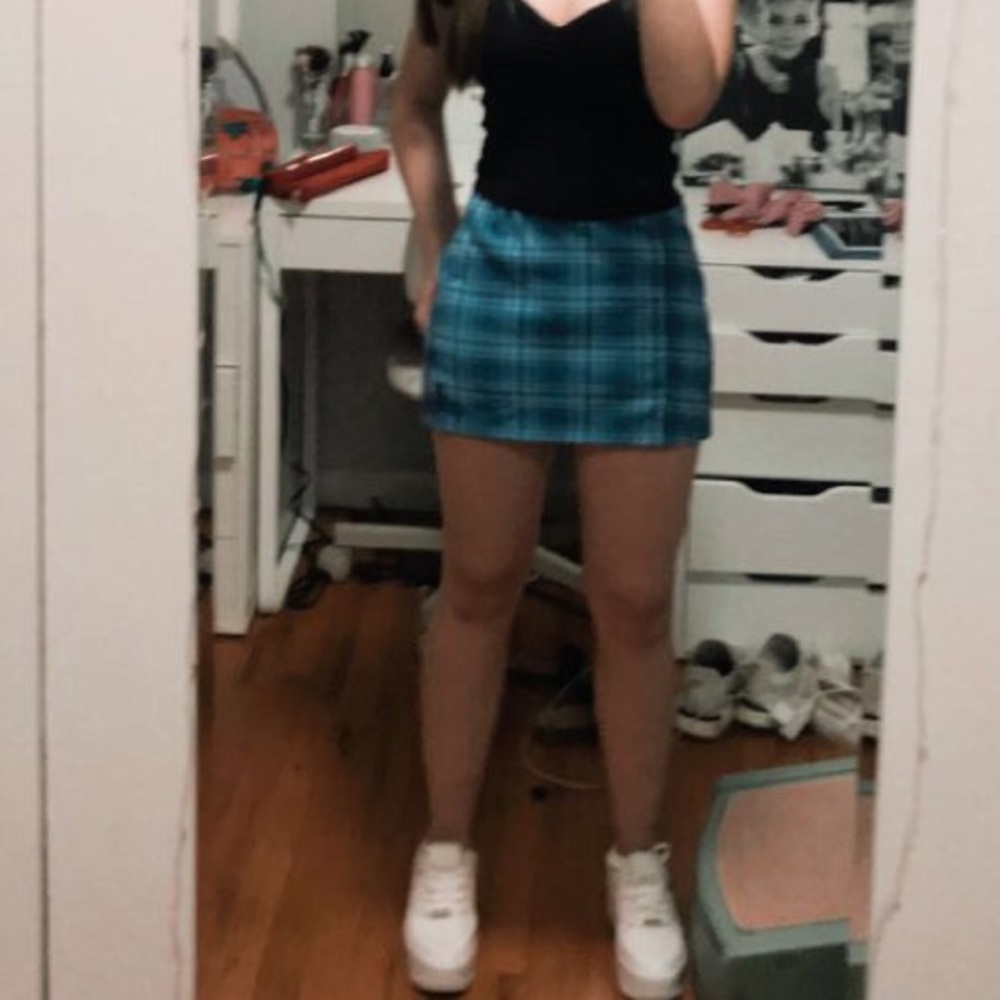 brandy melville blue plaid slit mini skirt